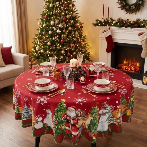 Christmas Tablecloth 60 Inch, Santa Claus & Snowman Water Resistant Round Table Cover, Farmhouse Winter Holiday Table Decor for Xmas Dinner Party Kitchen Home