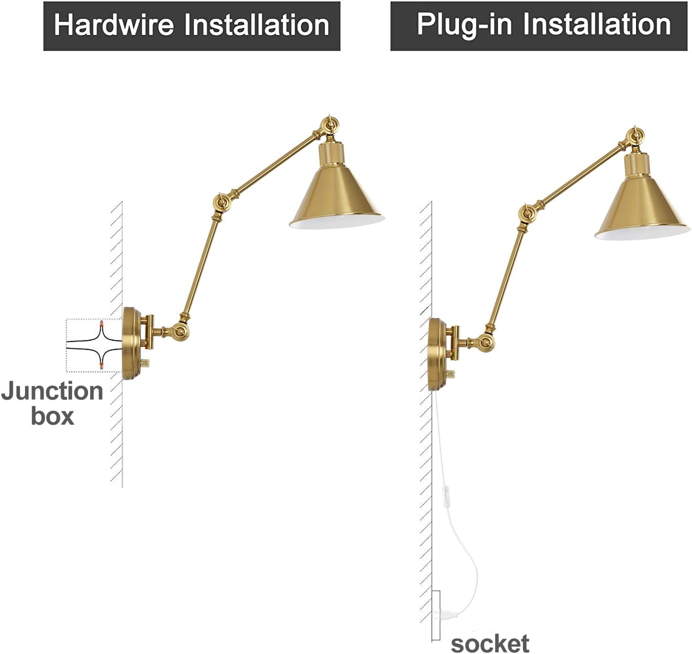 TRLIFE Wall Sconces Plug in, Dimmable Wall Sconces Brushed Brass Swing Arm Wall Lights Plug in Wall Mounted Light