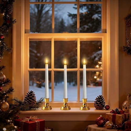 6 Pcs Window Candles with Gold Holders, Flameless Taper Candles with Remote and Timer, White LED Christmas Candle for Home Window Holiday Xmas Decor