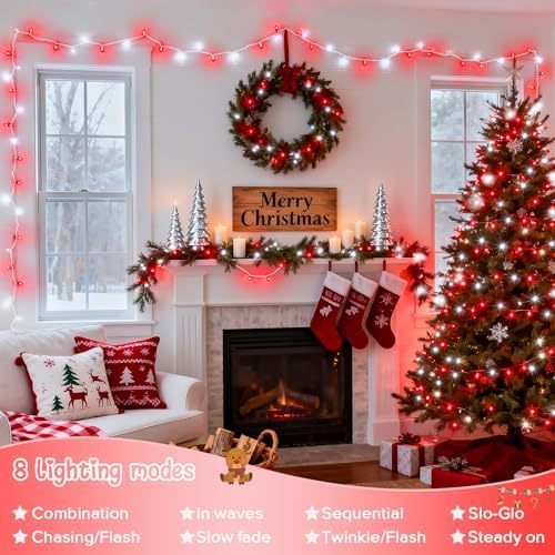 JMEXSUSS 2 Pack 100 LED Red and White Christmas Lights Outdoor, Each 33FT