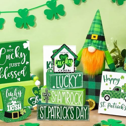 DIYDEC 4Pcs St.Patrick's Day Table Decoration Shamrocks House Wooden Block Signs Rustic St. Patrick Tiered Tray Decor Happy St.Patrick's Day Centerpiece Sign for Farmhouse Holiday Tabletop Party Decor