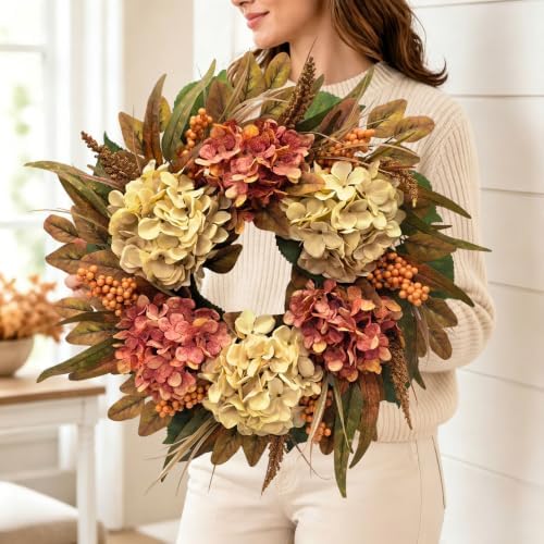26 Inch Fall Hydrangea Wreath for Front Door, Thanksgiving Harvest Decor