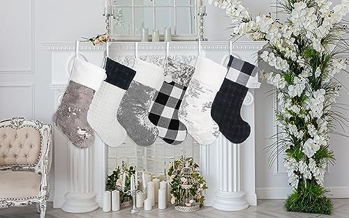 LUBOT 4 Pack Christmas Stockings Large Family Xmas Stocking Black White Gray Contrast Match Flannel Plaid Plush Sequins Hanging for Decorations Holiday