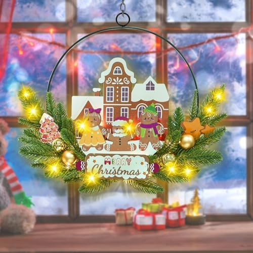 Pre-Lit Christmas Wreath for Front Door, Lighted Witch with 6H On/18H Off