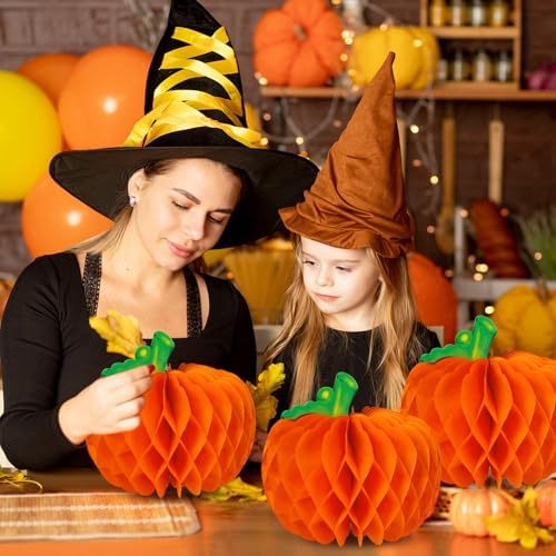 6 Pcs Pumpkin Honeycomb Decorations, Thanksgiving 3D Pumpkin Table Centerpieces, Fall Honeycomb Paper Tissue Balls for Halloween Thanksgiving Party Decor Harvest Festival Supplies