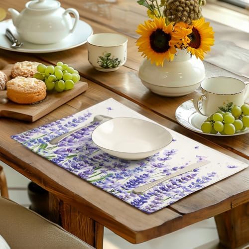 Lavender Placemats Set of 4 Purple Flower Butterfly Linen Fabric Table Mats Seasonal Spring Summer Rustic Floral Placemat Farmhouse Decorative Washable Place Mats for Home Kitchen Dining Table