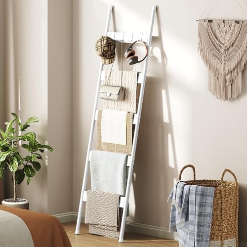 HOOBRO Blanket Ladder, 5-Tier Towel Rack with Hooks, Wall-Leaning Blanket Rack, Decorative Display Ladder Shelf, for