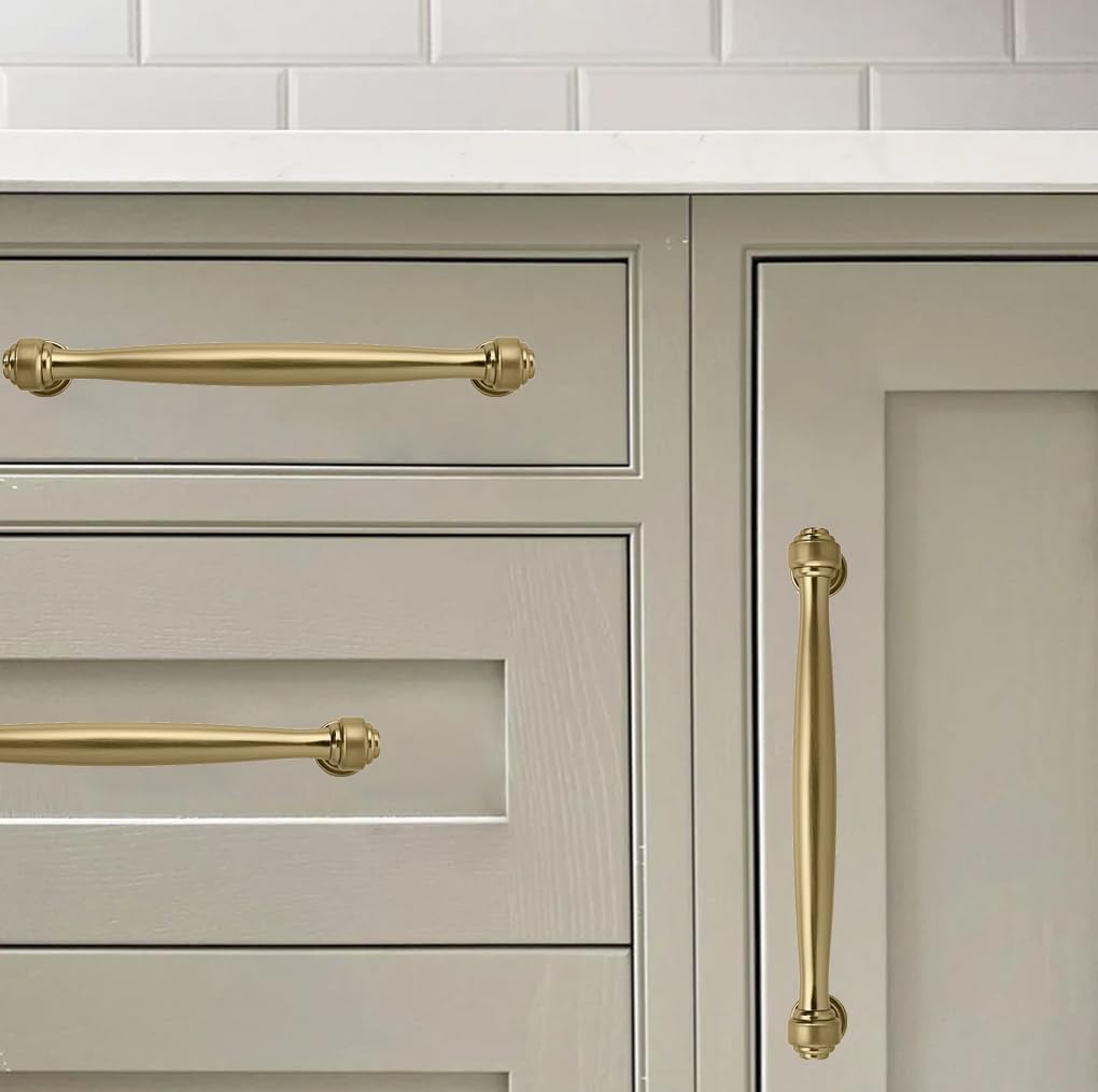 Cabinet Pulls Satin Brass Kitchen Cabinet / 5 Inch Hole Center / Brushed Brass / 5 Inch / Set of 6