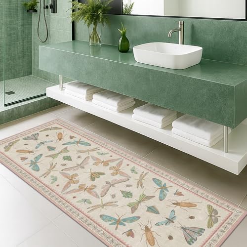 Hazo Haus Boho Bathroom Runners - 2x6 Pink Rug for Kitchen, Entry Way, Hallway, Non Slip Washable Butterfly Insect