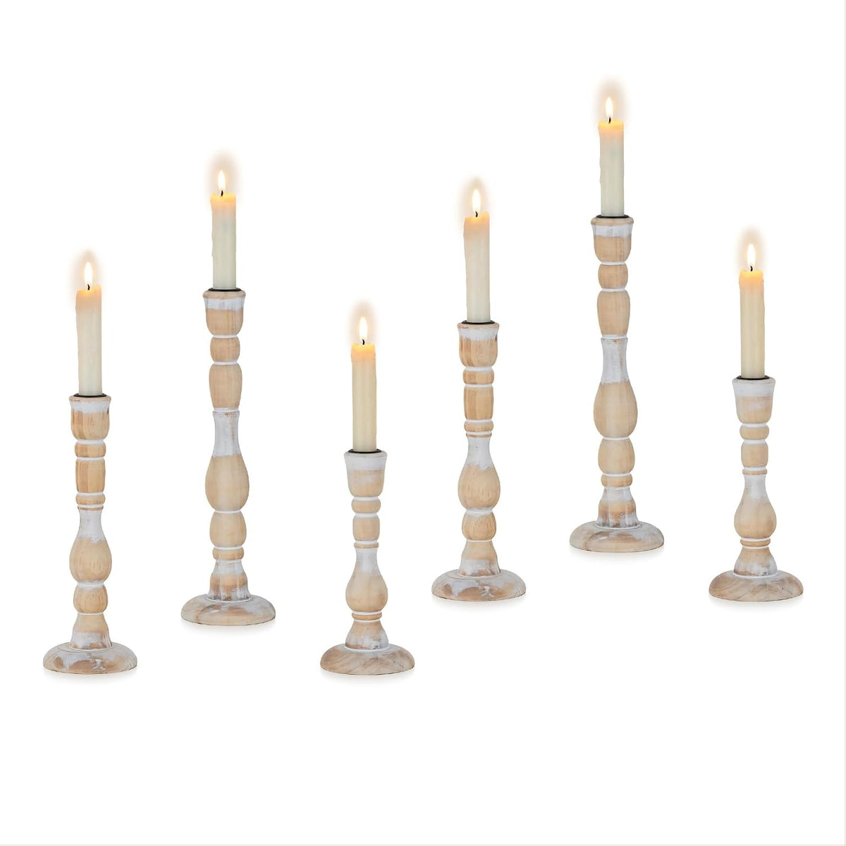 NUPTIO Tall Wooden Taper Candle Holders, Set of 6, Whitewashed | Modern Boho Farmhouse Style, Solid Pine Wood, Rustic