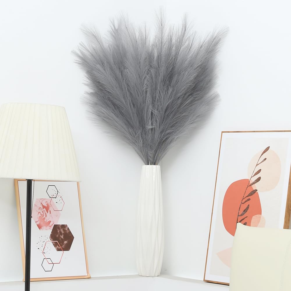 Faux Pampas Grass Tall Pompas Floral Arrangement and Vase Filler / Grey / Set of 8