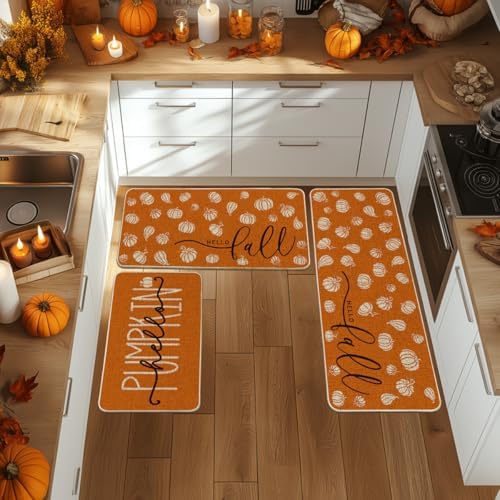 Artoid Mode Orange Fall Kitchen Mats Set of 3-17"x29"+17"x36"+17"x47"