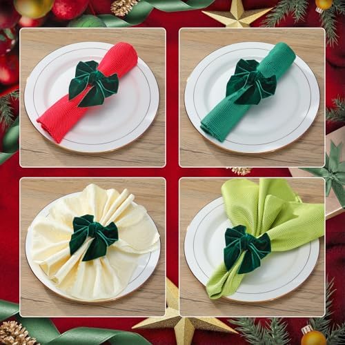 KPOSIYA Christmas Napkin Rings Set of 8, Green Velvet Bow Napkin Holders