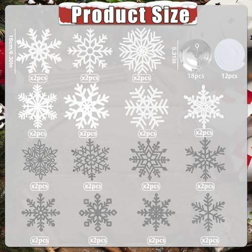 Snowflake Decorations, Christmas Hanging Decor, White Silver, 30-Pc