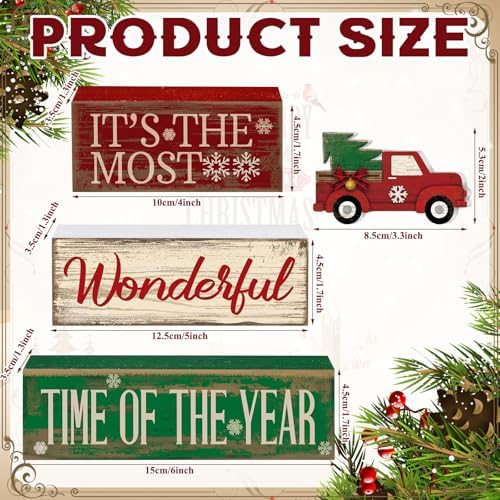 Moucuny 4 Pcs Christmas Red Truck Centerpiece Wooden Block Signs Tabletop