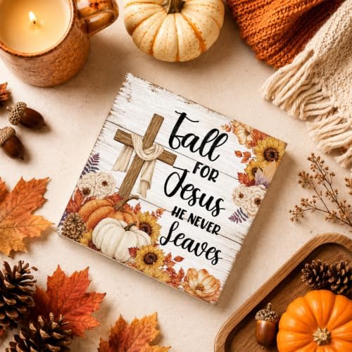 Fall For Jesus He Never Leaves Sign | Floral Cross Pumpkin Decor