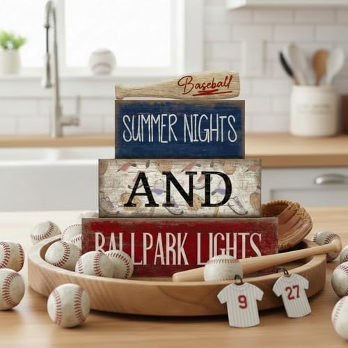 Lineshading 4 Pcs Baseball Wooden Blocks Sign with Bat, Blue White Red