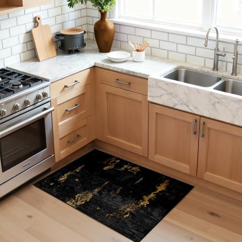 RELEANY Washable 2'x3' Abstract Area Rug for Living Room Black Gold