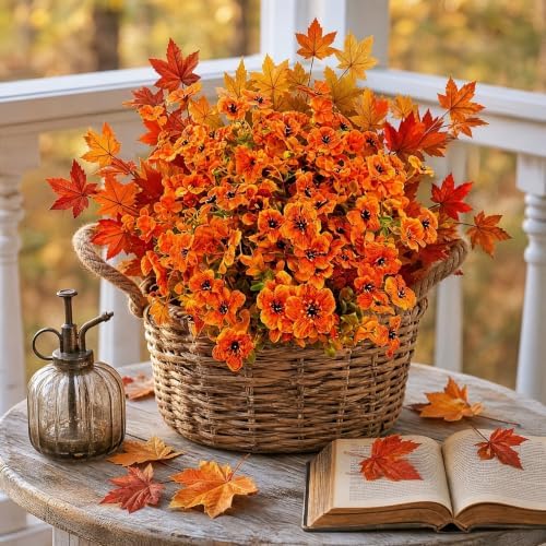 10Pcs Artificial Fall Flowers Outdoor UV Resistant, Faux Mums Orange Silk Flowers with 3-Tone Maple Leaves for Porch Planters, Thanksgiving Autumn Harvest Decor, 14 Inch