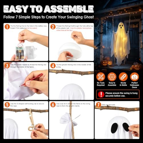 Halloween Hanging Ghost Decorations, 5FT Swinging Ghost with Remote Lights