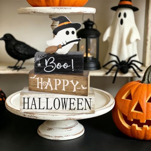 4Pcs Halloween Table Decorations Indoor, Farmhouse Halloween Cute Ghost Block Decorations, Rustic Ghost Table Centerpieces Signs Tiered Tray Decor for Home Mantel Shelf Office Party Supplies