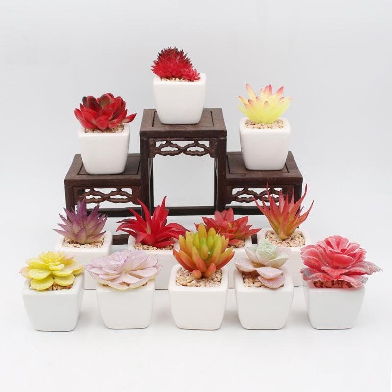 Mini Succulents Plants Artificial Fake Succulents Pots Faux Succulents Ceramic / Red / Set of 4