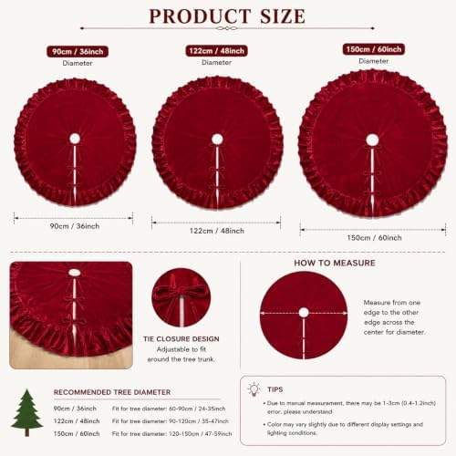 Velvet Christmas Tree Skirt Red 48 inch Ruffled Holiday Tree Skirt for Rustic Xmas Tree Decoration