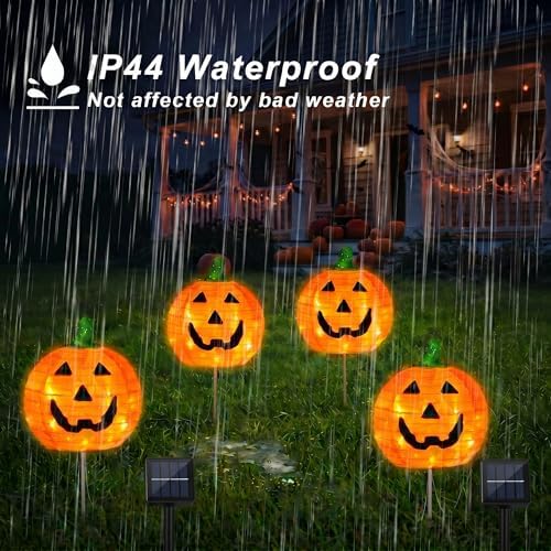 BRIGHTDECK Halloween Solar Pathway Lights Outdoor, LED Decor, Light Up Solar Stake Lights for Holiday, Halloween, Walkway, Sidewalk (Foldable Pumpkin, 4-Pack)