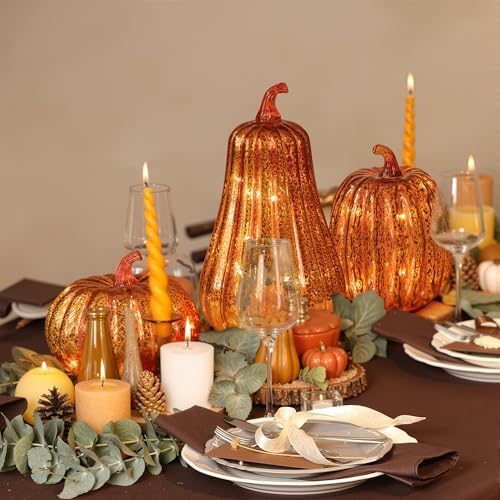 KI Store Glass Pumpkin with Lights and Timer Set of 3 10.8-Inch 8.5-Inch 6.5-Inch Lighted Mercury Glass Pumpkins for Fall Halloween Thanksgiving Decorations Battery Operated
