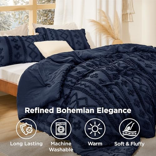 Bedsure Tufted Boho Comforter Set Queen Size - Navy Boho Bed Set, GentleSoft™ 3 Pieces Farmhouse-Style Embroidery