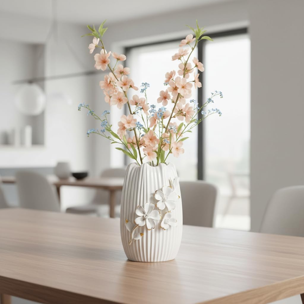 Ceramic Vase / Textured Boho Flower Vase / White / 7 Inch