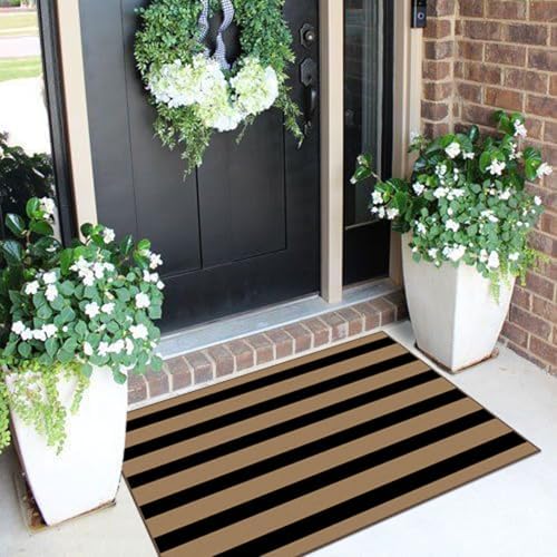Front Door Mat Indoor Outside Entrance 2x3 Black Tan Striped Rug