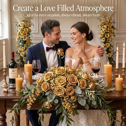 60 Pcs Gold Silk Artificial Roses Flowers Real Looking Silk Faux Roses Bulk Long Stems for Wedding Centerpieces,DIY Floral Arrangements,Home Decor,Anniversary,Valentine's Day
