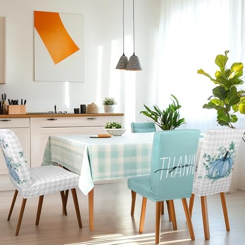 4 Pcs Fall Chair Covers for Dining Room, Thanksgiving Stretch Removable Dining Chair Cover Set of 4, Autumn Blue Pumpkin Chair Slipcovers Seat Protector for Fall Restaurant Decor