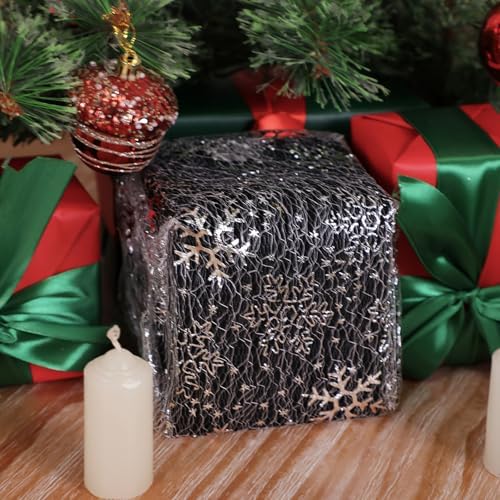 Snowkingdom Christmas Snowflake Silver Table Runner 11 Inch x 49 Feet Sparkly Silver Foil Glitter Metallic Mesh Runners Dining Table Decorations for Seasonal Winter Xmas Festival Holiday Home Party