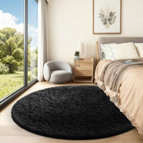 Ophanie Round Rug 5Ft Black Circle Area Rug, Room Decor for Men, Fluffy Fuzzy Bedroom Carpet, Plush Soft Shaggy Living
