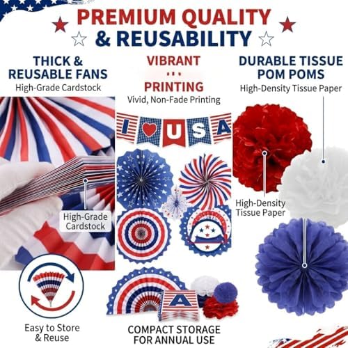 34PCS 4th of July Decorations Patriotic Decorations Love USA Banner Red White Blue Paper Fans, Star Streamer, Pom Poms, Hanging Swirls for Memorial Day Veterans Labor Presidents Flag