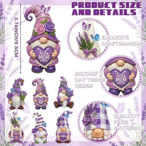 Simgoing 6 Pcs Purple Lavender Gnomes Mother's Figurines Lavender Gnomes with Best Mom Ever, Mom Resin Statues Table Decor for Mum Grandma Birthday Party Tabletop Home Centerpieces Tiered Tray Decor