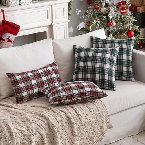 MIULEE Christmas Plaid Pillow Covers Scottish Tartan 12x20 Green and White