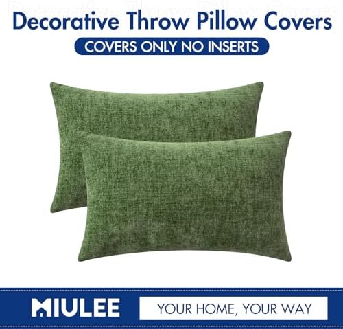 MIULEE Soft Chenille Lumbar Throw Pillow Covers Moss Green 12x20 Pack of 2