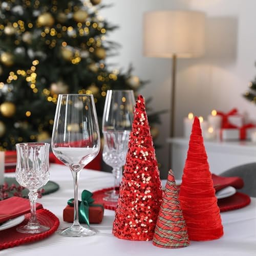 6 Pcs 12" 10" 6"Buffalo Plaid Christmas Velvet Cone Trees Decoration Christmas Glitter Tree Farmhouse Buffalo Plaid Tiered Tray Ornament for Xmas Home Holiday Entryway Tabletop Tree Centerpiece Decor