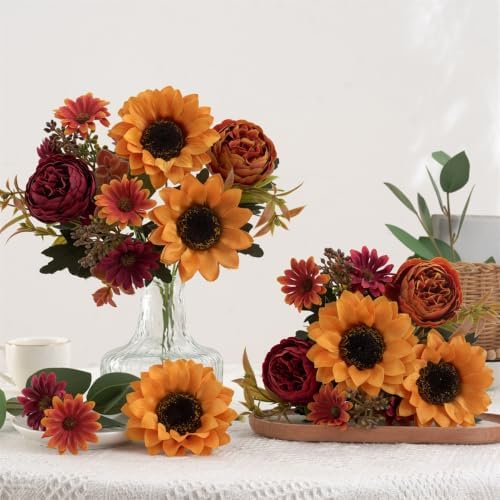 2 Pcs Fall Artificial Sunflower Peony Bouquet, Yellow Burgundy Silk Faux Flower, Autumn Faux Floral Arrangements for Wedding Table Centerpiece DIY Thanksgiving Farmhouse Indoor Outdoor Party Decor