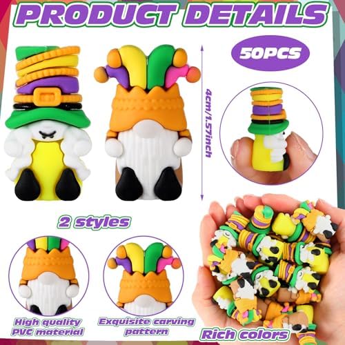 Lunmon 50 Pcs Mini Mardi Gras Gnomes Bulks 1.57 Inch PVC Gnomes Figurine Gifts Mardi Gras Collectible Figurines for Home Tabletop Farmhouse Shelf Decorations