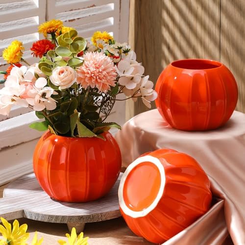 Sieral 3 Pcs Ceramic Pumpkin Vase 5.5" Orange Pumpkin Table Decor Fall Vase