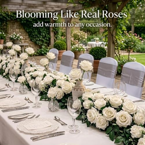 60 Pcs White Velvet Artificial Roses Flowers Real Looking Silk Faux Roses Bulk Long Stems for Wedding Centerpieces,DIY Floral Arrangements,Home Decor,Anniversary,Valentine's Day