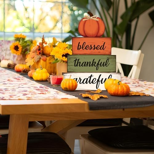 4 Pcs Fall Wooden Table Sign Fall Wooden Tiered Tray Decor Thankful Blessed Grateful Tabletop Signs Farmhouse Pumpkin Wood Blocks for Autumn Thanksgiving Harvest Home Kitchen Table Shelf Decor