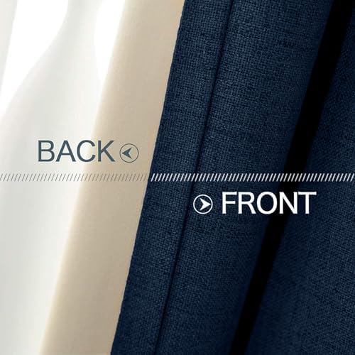 MIULEE 100% Blackout Linen Curtains for Bedroom 52x90 Inches Midnight Blue