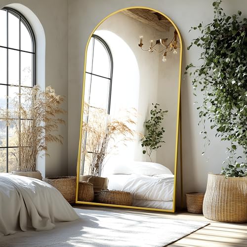 Delma Arched Full Length Mirror with Stand, 75x35 Gold Floor Mirror