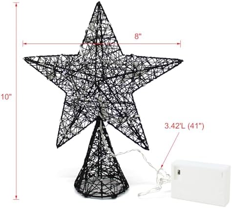CVHOMEDECO. Black Tree Top Star with Warm White LED Lights and Timer for Christmas Tree Toppper Ornaments and Holiday Seasonal Décor, 8 x 10 Inch