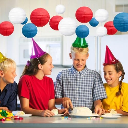 18Pcs Red Royal Blue White Paper Lanterns for Parties, 6” 8” 10” 12” Chinese Asian Hanging Round Paper Lanterns for 4 of July, Independence Day Home Decor Party Decor